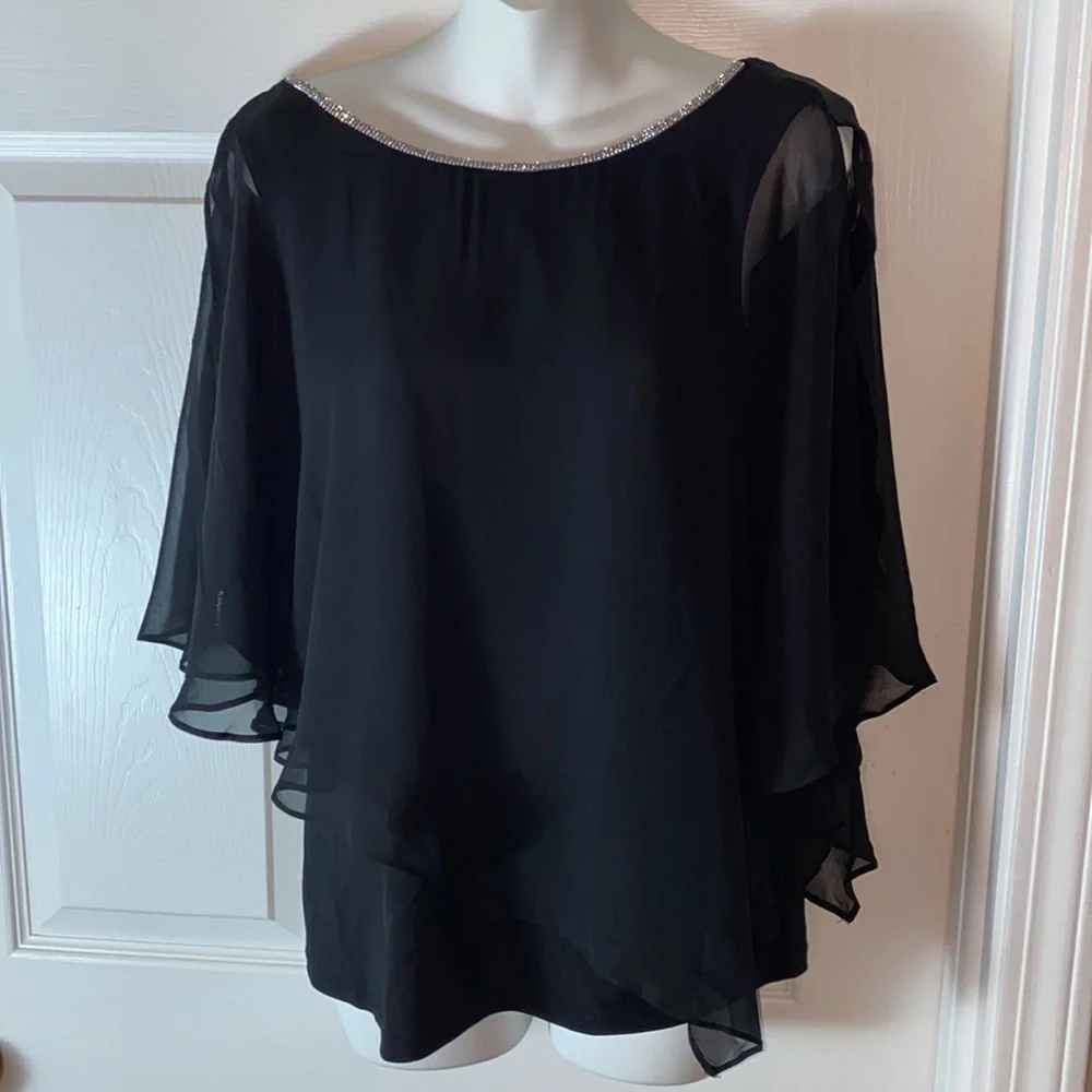 Prelude Women Sparkle Black Pullover Blouse Top Bell Sleeve Accent Size M